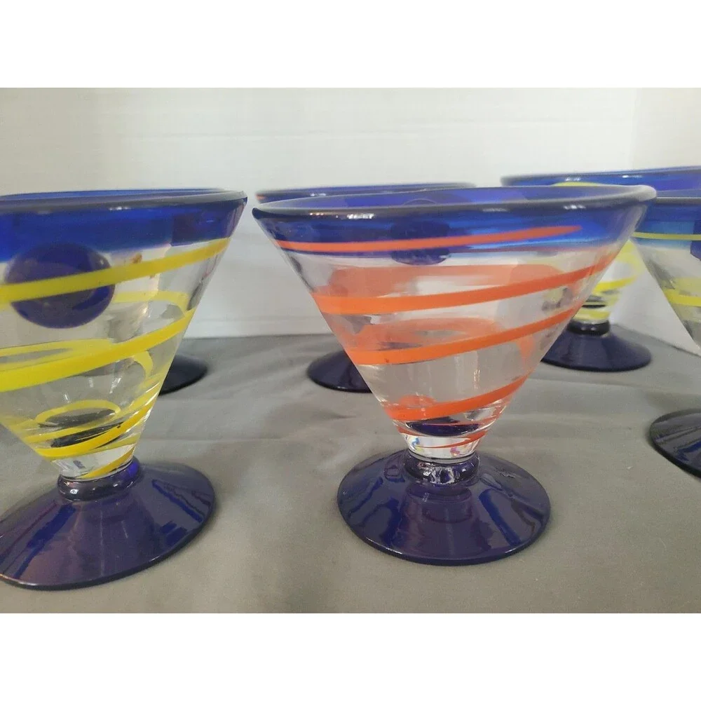 7 Vtg Royal Caribbean Cobalt Blue Swirl Blown Glass Dessert-Margarita Cruise